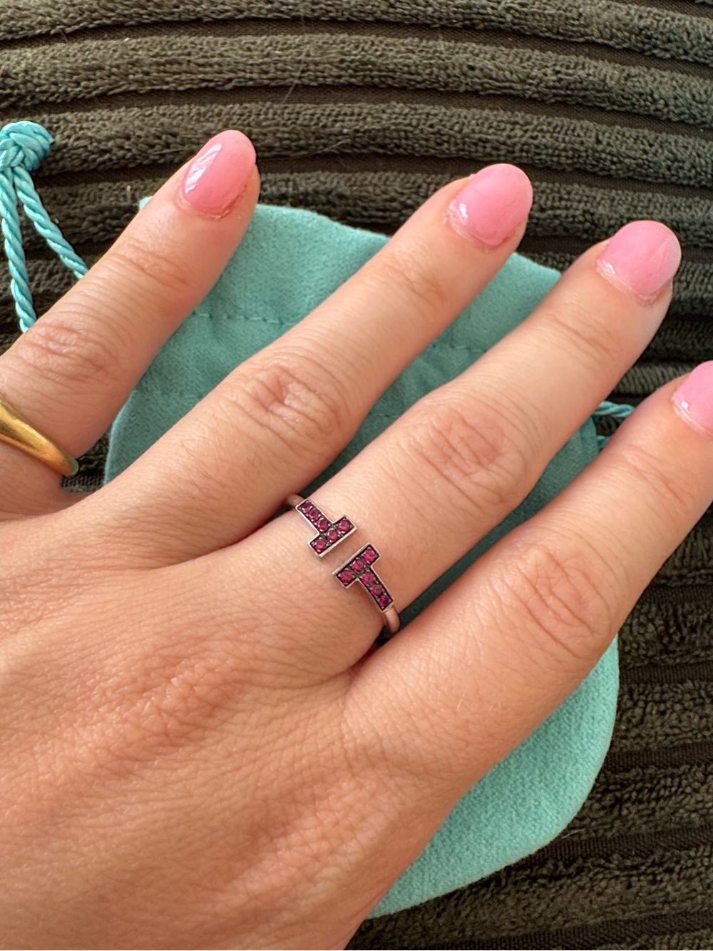 Tiffany & Co. Wire T Ring in 18k white gold with rubies 6.5 size